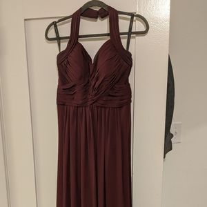 Bill Levkoff Wine Chiffon Ruched Halter Bridesmaid Dress